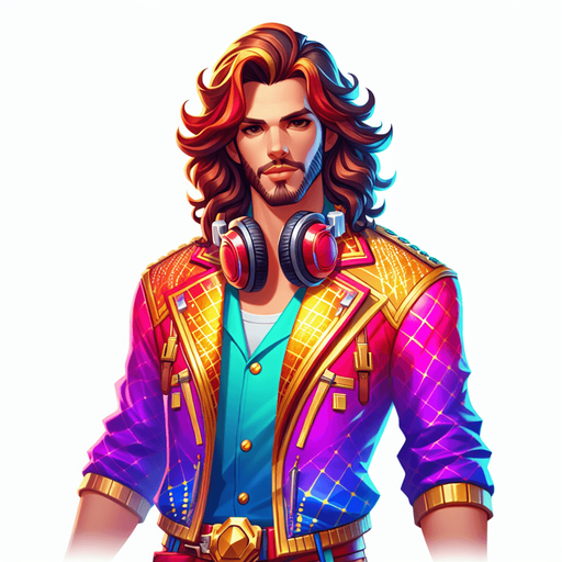 Dj alok character from free fire.
Single Game Texture. In-Game asset. 2d. Blank background. High contrast. No shadows.