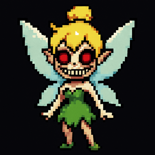 scary cute little fairy tinker bell 2d pixel art.
In-Game asset.  2d.  High contrast.  No shadows