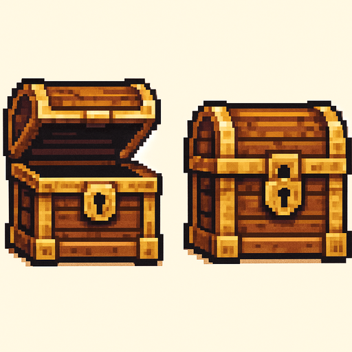An old treasure chest with a lid open and lid closed version. From straight on view. Retro pixelated art..
In-Game asset.  2d.  High contrast.  No shadows