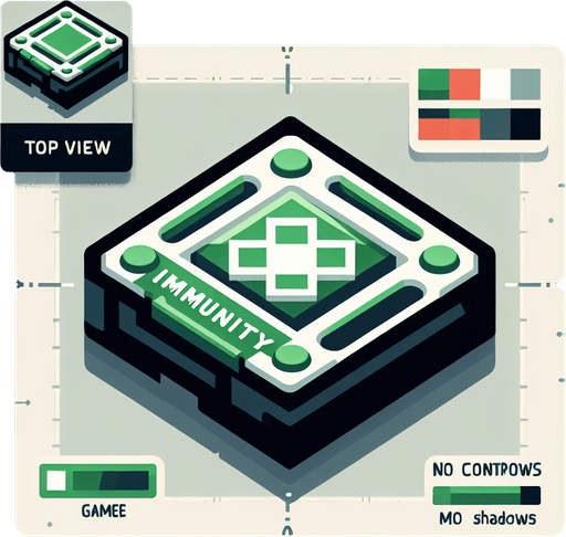 Single Game Texture. In-Game asset. 2d. flat minimalistic graphic. flat rectengular graphic that says "Immunity". Top view. Blank background. low contrast. No shadows. green color.
Single Game Texture. In-Game asset. 2d. Blank background. High contrast. No shadows.