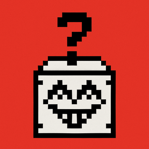 Una caja sorpresa cerrada en blanco y negro pixeleado en 16x16 pixeles, en la caja hay un dibujo de unos ojos y sonrisa de Jevil de deltarune. el fondo de la imagen es de color rojo