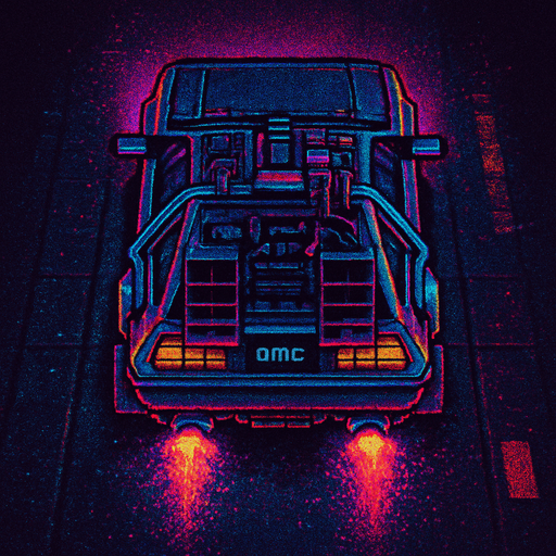 DeLorean hover car, seen from behind
Neon-lit, cyberpunk city aesthetic. Glowing accents and retro-futuristic mods. Top-down view, GTA2 style. Single Game Texture. In-game asset. 2D pixel art. Transparent background. High contrast. No shadows. Isometric perspective. Synthwave vibe with flickering lights and digital noise textures.