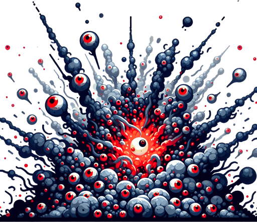 Gray red blob explosion, tentacles, eye balls, squelch
Single Game Texture. In-Game asset. 2d. Blank background. High contrast. No shadows.