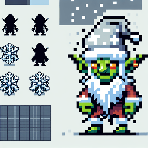 A winter goblin enemy character. Pixelart. front view. Single Game Texture. In-Game asset. 2d. Blank background. High contrast. No shadows.