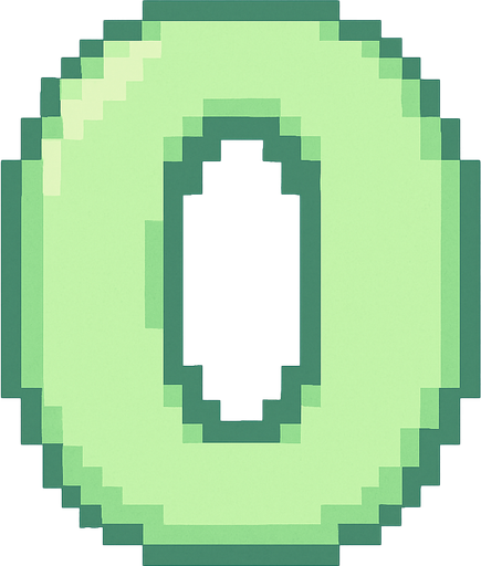 A pixel art number "0" designed for a cozy, cute retro 2D game UI with a bird theme. The number is rendered in soft pastel light green tones to harmonize with the gentle and sweet aesthetic of the game. It has a clean, simple, and rounded pixel style with no harsh edges, fitting perfectly within the pixel art UI style. The number is bold and easily readable at small sizes..
In-Game asset.  2d.  High contrast.  No shadows. pixel art. retro. 2d ui. number. pastel light green. simple. rounded edges. bold. cute. minimal