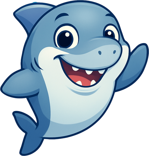 A cute cartoon-style shark character designed for a mobile game. Smooth and slightly chubby body, big round eyes with a friendly sparkle, a wide cheerful grin with small, non-scary teeth. Light gray or blue-gray color with a soft white belly. Playful pose, as if swimming happily or waving a fin. Simple colorful underwater background with bubbles, coral, or treasure chests. Joyful and friendly expression, perfect for kids. High-quality digital illustration, ideal for a children’s game..
In-Game asset.  2d.  High contrast.  No shadows. cartoon style