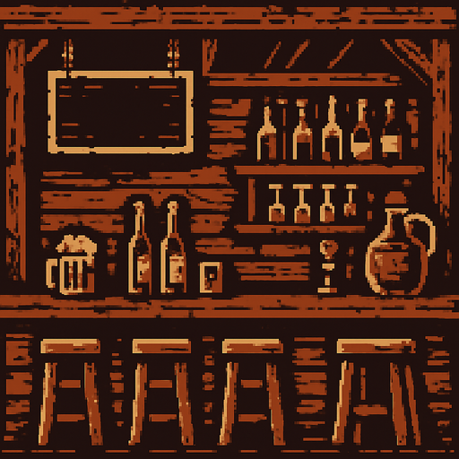 Rustic bar background.
In-Game asset.  2d.  High contrast.  No shadows. Pixelart