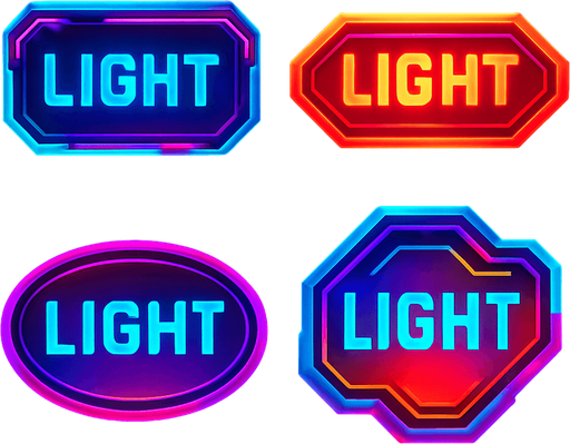 Buttons random shapes & have text 'Light'. HD colors. Cyberpunk. Abstract. Different colors.
In-Game asset.  2d.  High contrast.  No shadows