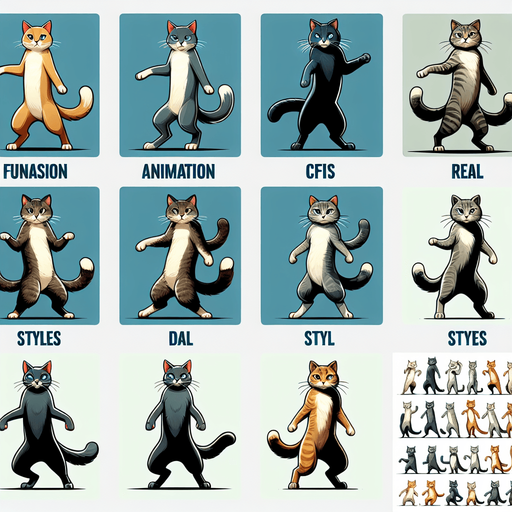 2 ayağı üzerinde duran kedinin farklı halleri (animasyon-gerçek karışımı bir tema).
(çok fazla resim)