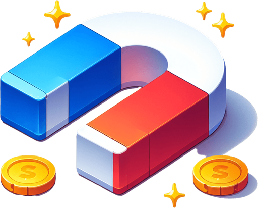 coin magnet white blue red in color.
Single Game Texture.  In-Game asset.  2d.  Blank background.  High contrast.  No shadows