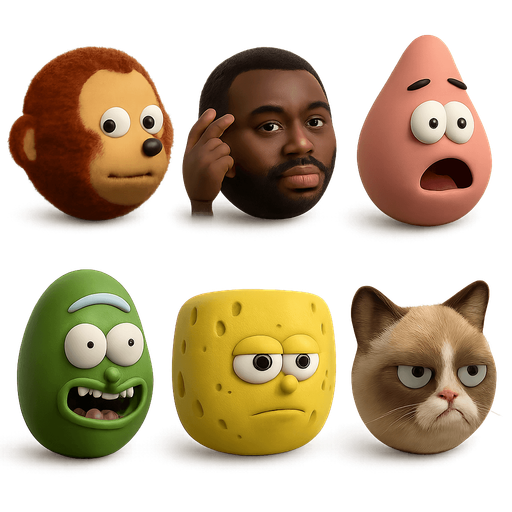 sprite sheet of famous modern meme faces of: Looking back awkward monkey puppet,
Think black Guy,
patrick the star,
pickle rick, spongebob, 
grumpy cat. each face shaped as a round marble shaped face made in blender 3D