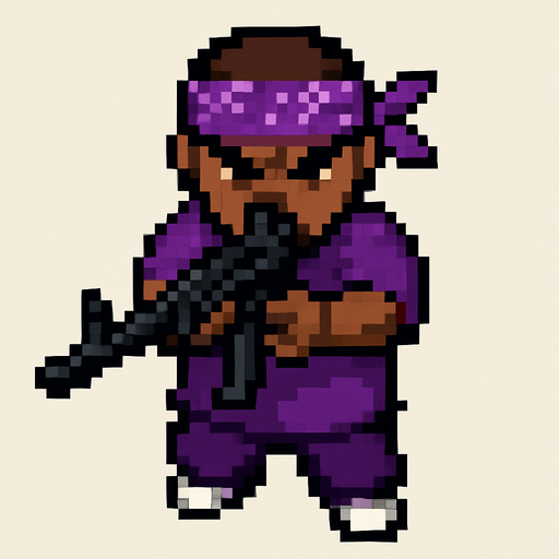 pandillero de morado hecho con pixeles. con perspectiva desde arriba visto de frente apuntando con un m4
In-Game asset.  2d.  High contrast.  No shadows