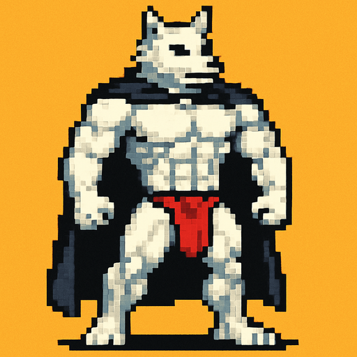 Lobo blanco fuerte revelando sus pectorales pero usando una capa y un taparrabos, que se vea todo su cuerpo y pixelado.
In-Game asset.  2d.  High contrast.  No shadows