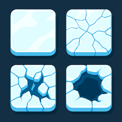 Generate a 2D sprite sheet arranged in a 2x2 grid, featuring a game tile of stylized arctic ice for a mobile game. The art style should be a clean vector illustration with flat colors and high contrast, suitable for a top-down, bird's-eye view. There should be no shadows.
The sprite sheet must show a clear, 4-stage progression of the same tile breaking:
Pristine Tile: A solid, unbroken square of thick ice. Mostly white and light blue.
Minor Cracks: The same tile, but now with thin, hairline fractures spiderwebbing across the surface.
Major Fractures: The cracks have widened into deep fissures, with small pieces of ice chipping away, revealing dark blue water underneath.
Nearly Shattered: A large hole has opened in the center of the tile, surrounded by a few unstable, floating fragments of the original ice. The tile is mostly dark water now..
In-Game asset.  2d.  High contrast.  No shadows