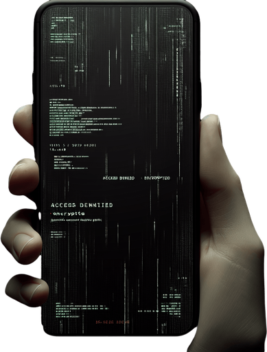 Create a minimalistic hacked mobile phone background with a solid black base. Add subtle glitch effects like faint pixel distortions and soft horizontal lines. Incorporate low-opacity green Matrix-style symbols cascading or scattered sparsely in the background. Include fragmented text elements like "Access Denied" or "Encrypted" in a modern, faint font. Use small red accents to emphasize the seriousness of the hack while maintaining ample negative space. Ensure all elements are subtle to avoid overshadowing foreground app icons..
Single Game Texture. In-Game asset. 2d. Blank background. High contrast. No shadows.