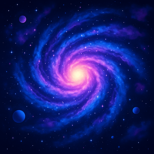 A stunning 2D top-down galaxy for a space-themed game background, featuring a massive spiral galaxy with swirling arms in vibrant shades of blue, purple, and pink, a bright glowing core, scattered star clusters, distant nebulae, and a few small planets orbiting around. The galaxy should feel colorful, mysterious, and vast, with soft glowing effects and high contrast for a sci-fi aesthetic. Style: digital art, seamless background, suitable for looping game parallax layers..
In-Game asset.  2d.  High contrast.  No shadows