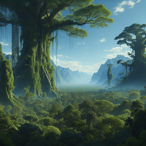 A lush jungle scenery with huge old trees covered in vines and overwrowth, blue sky and forested mountains in the background..
Single Game Texture. In-Game asset. 2d. Blank background. High contrast. No shadows.
