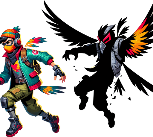 dangerous bird teen soldier mario bird, flying on air ,grey and black villain gliding on air.
Single Game Texture.  In-Game asset.  2d.  Blank background.  High contrast.  No shadows