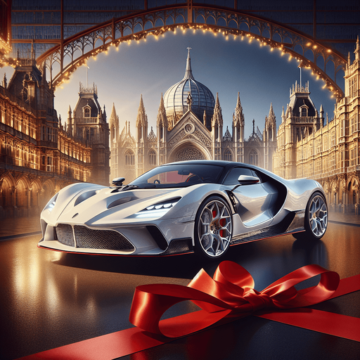 top full view luxury white sports car with a red ribbon