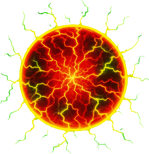 An solid plasma ball of electrical force emanating power filled with reds yellows and green electric power.
In-Game asset.  2d.  High contrast.  No shadows