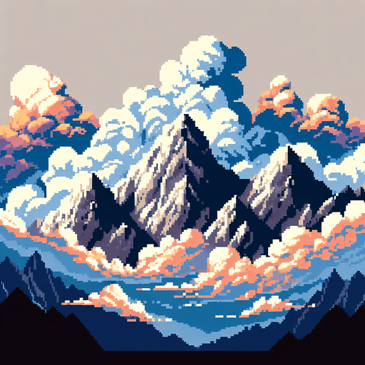a pixel clouds background, with mountains, full height full width
Single Game Texture.  In-Game asset.  2d.  Blank background.  High contrast.  No shadows