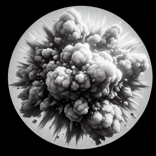 Cloud puff explosion, grayscale, seen from topdown. Circular.
Single Game Texture. In-Game asset. 2d. Blank background. High contrast. No shadows.