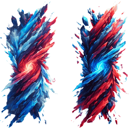 Two different colored streams of energy (e.g., red and blue) flowing and swirling together in the center. Could also be a crystal icon split into two distinct colors..
Single Game Texture.  In-Game asset.  2d.  Blank background.  High contrast.  No shadows