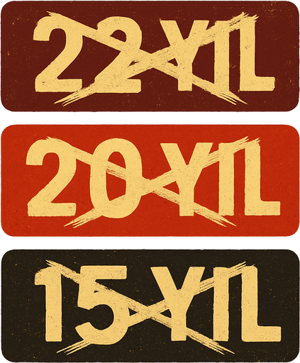"22 Yıl" bordo renk
"20 Yıl" kırmızı renk
"15 Yıl" beyaz renk 
şeklinde bir görsel oluştur , üstü X şeklinde olsun . retro temada olsun !.
In-Game asset.  2d.  High contrast.  No shadows. 2
