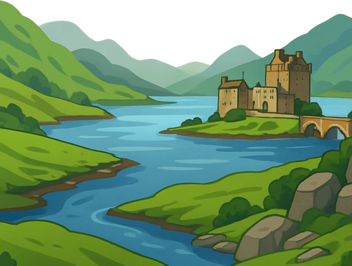 A 2D cartoon-style background inspired by the scenic landscapes of Scotland. Include lush green hills, rocky cliffs, a winding river or loch, and a historic Scottish castle in the distance (like Eilean Donan). Add some rolling mist or cloudy skies for atmosphere. Style should be colorful, clean, and game-friendly — flat illustration or soft-shaded vector. Ideal for a music game featuring bagpipes. Export as a wide landscape (1920x1080) with transparent or fixed background, no text or UI..
In-Game asset.  2d.  High contrast.  No shadows