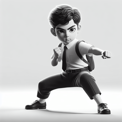 A school kid ready to punch.
Single Game Texture.  In-Game asset.  2d.  Blank background.  High contrast.  No shadows