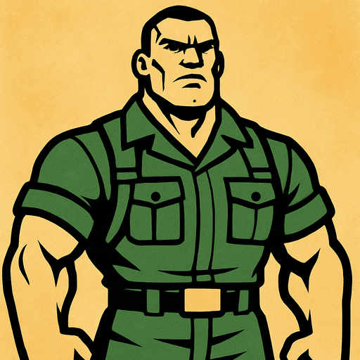 2d strong man wearing a uniform of military without helmet and looking strong.
In-Game asset.  2d.  High contrast.  No shadows