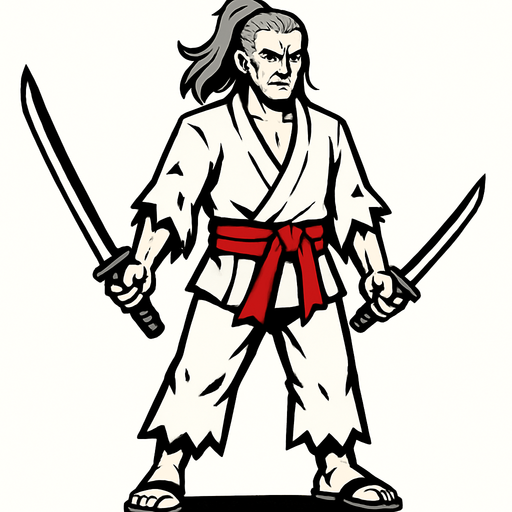 A white-clothed male samurai with torn clothes, long gray hair tied back, pale skin, red belt on his waist, holding two swords, standing confidently, simple pose, no background, front-facing, 2D game character.
In-Game asset.  2d.  High contrast.  No shadows