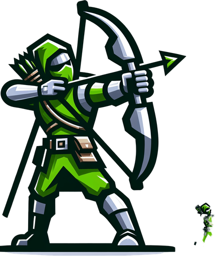 yeşil tatlı ok atmaya hazırlıklı okçu karakter.
Single Game Texture.  In-Game asset.  2d.  Blank background.  High contrast.  No shadows