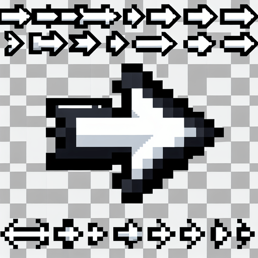 Create a sprite sheet featuring a white arrow with a black outline. The arrow should be detailed with distinct features and pixel art styling reminiscent of classic 32-bit era video games. Ensure the arrow stands out against any background with its contrasting colors. Arrange the arrows neatly on a transparent background for easy identification and integration into game development..
Single Game Texture. In-Game asset. 2d. Blank background. High contrast. No shadows.