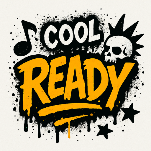 müzik temalı cool ready yazısı biraz da sprey boya punk tarzı.
In-Game asset.  2d.  High contrast.  No shadows