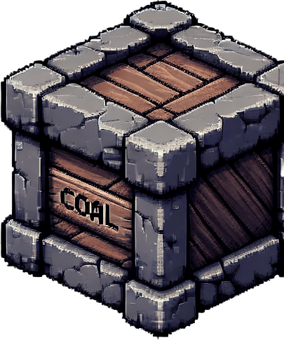pixel art of a crate made of stone with a label of coal on the side, flat side view. Single Game Texture. In-Game asset. 2d. Blank background. High contrast. No shadows.