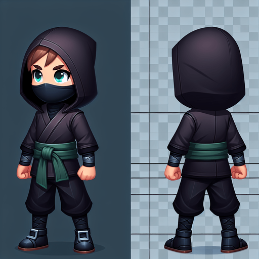 A ninja kid thief, full body, with a dark green hoodie.
Single Game Texture. In-Game asset. 2d. Blank background. High contrast. No shadows.