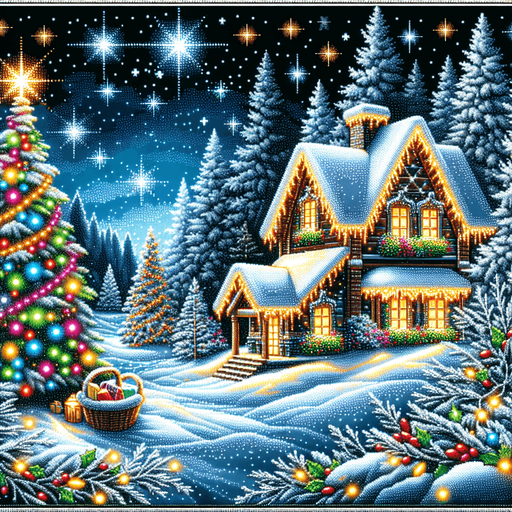 a landscape with santa's house on the left, pines with chistmas lights, snow, at night Background image. 2d. High contrast.