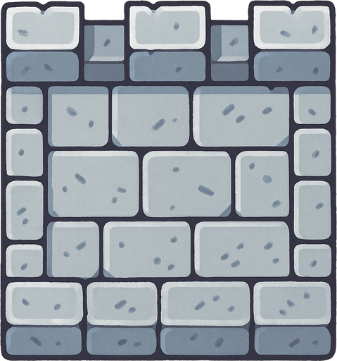 Top-down view of a single cartoon-style castle wall tile, seen from above, 2D game style, flat lighting, seamless edges, stone texture, bright colors, square shape, repeatable sprite, pixel-art or hand-drawn style..
In-Game asset.  2d.  High contrast.  No shadows