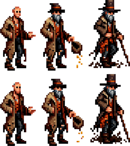 pixel art beggar.
Single Game Texture. In-Game asset. 2d. Blank background. High contrast. No shadows.