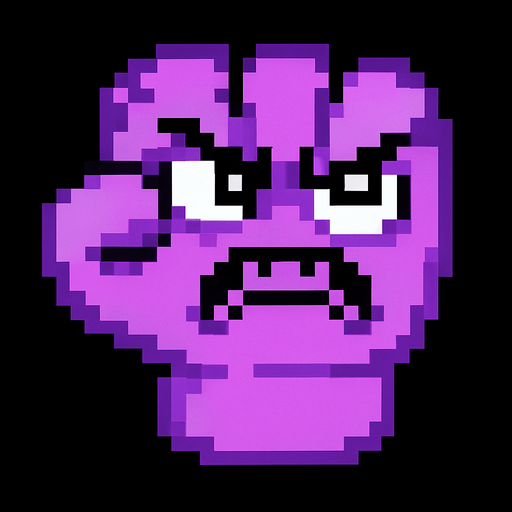 make a purple 2d pixel punch with eyes and angry face.
In-Game asset.  2d.  High contrast.  No shadows