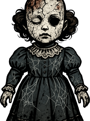 one scary porcelain doll. It is clear from the whiteness of his skin that he has been standing there for years, one eye is completely closed and one eye is open but he has no eyes (jet black). She has suffered blows for years, fractures and burns on her head, and her beautiful dress is covered with cobwebs..
In-Game asset.  2d.  High contrast.  No shadows