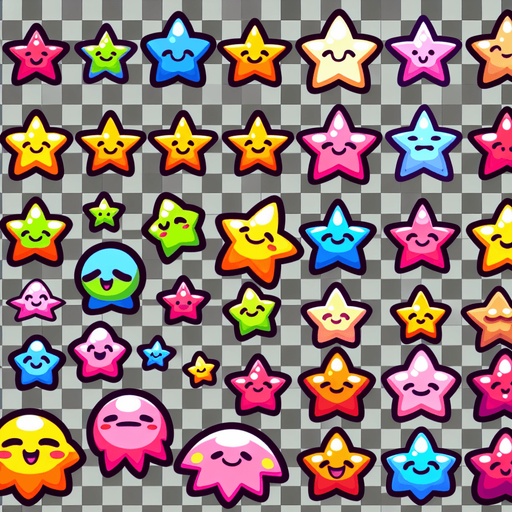 A sprite sheet of different cartoon stars..
Single Game Texture. In-Game asset. 2d. Blank background. High contrast. No shadows.