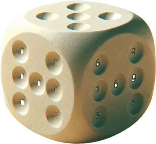six sided dice.
Single Game Texture. In-Game asset. 2d. Blank background. High contrast. No shadows.