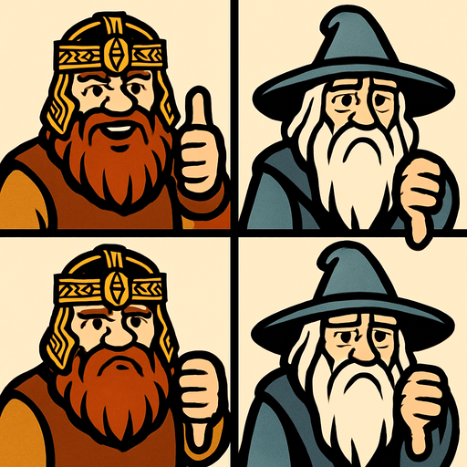 Divide the screen by 4. Every 4 frames, there is characters. Left side 2 frames, there is Gimli and Gandalf. They are smiling and one hand make thumb up. Right side 2 frames same Gimli and Gandalf here but they are sad and one hand make thumb down. In-Game asset. 2d. High contrast. No shadows.
In-Game asset.  2d.  High contrast.  No shadows
