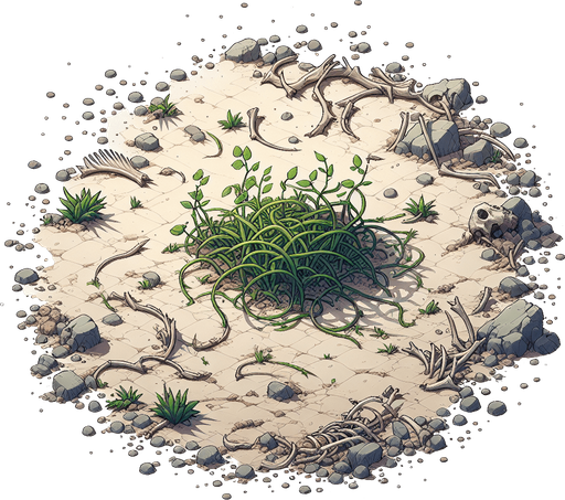 In a wasteland, there are some green plants and some animal bones around..
Single Game Texture. In-Game asset. 2d. Blank background. High contrast. No shadows.