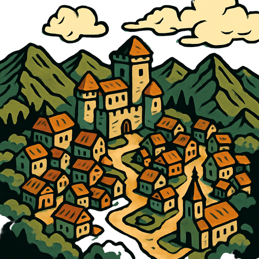 Üstten görünen bulutlu bir hava va aşağıda dağlar ve orta çağ kasabası.
In-Game asset.  2d.  High contrast.  No shadows