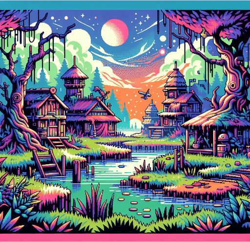 fantasy nice color 2d 16 bit fantasy remote swamp village foh sky
Single Game Texture.  In-Game asset.  2d.  Blank background.  High contrast.  No shadows