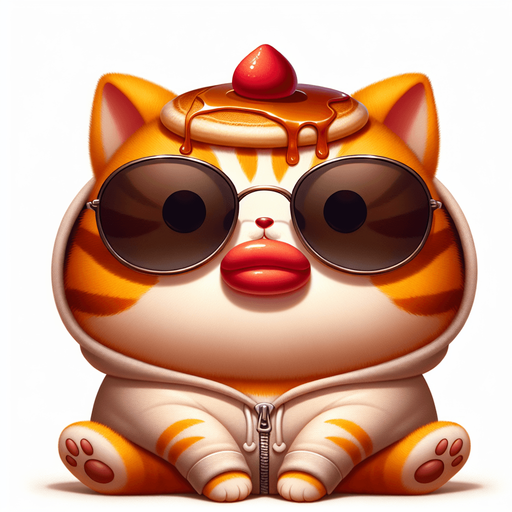 The character in the image is a cartoon-style, orange tabby cat with noticeable stripes. It has a round face, big black eyes covered by oversized, round, dark opaque sunglasses, and a prominent, exaggerated red pout in the shape of a duck's bill that stretches across the entire width of its face. The cat's body is smaller in comparison to its head, giving it a cute, chubby appearance. It's wearing a simple, light-colored hoodie with a drawstring. On its head, rather humorously, sits a pancake, serving as an unconventional hat, with syrup artfully dripping down its sides. The cat sits with its paws visible in front, showing a relaxed posture. The overall style is playful and whimsical, perfect for a casual mascot or a character in a children's book..
Single Game Texture. In-Game asset. 2d. Blank background. High contrast. No shadows.