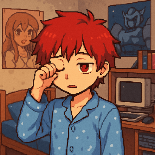 A cute, red-haired anime boy, 15 years old, with red eyes. He's in pajamas, looking sleepy, rubbing one eye with his hand. He's in his otaku-style bedroom. The scene is illustrated in Pixel Art style.